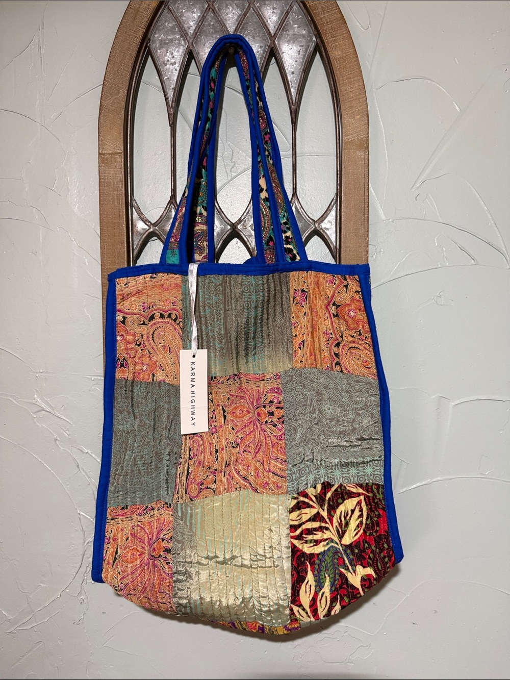 Karma Highway Multicolor Patchwork Tote with Blue Trim